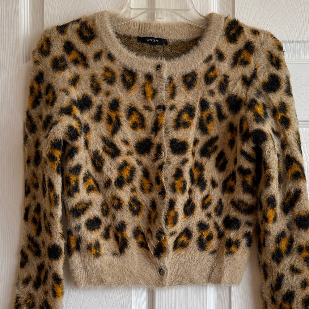 Forever 21 Leopard Print Fuzzy Crop Cardigan